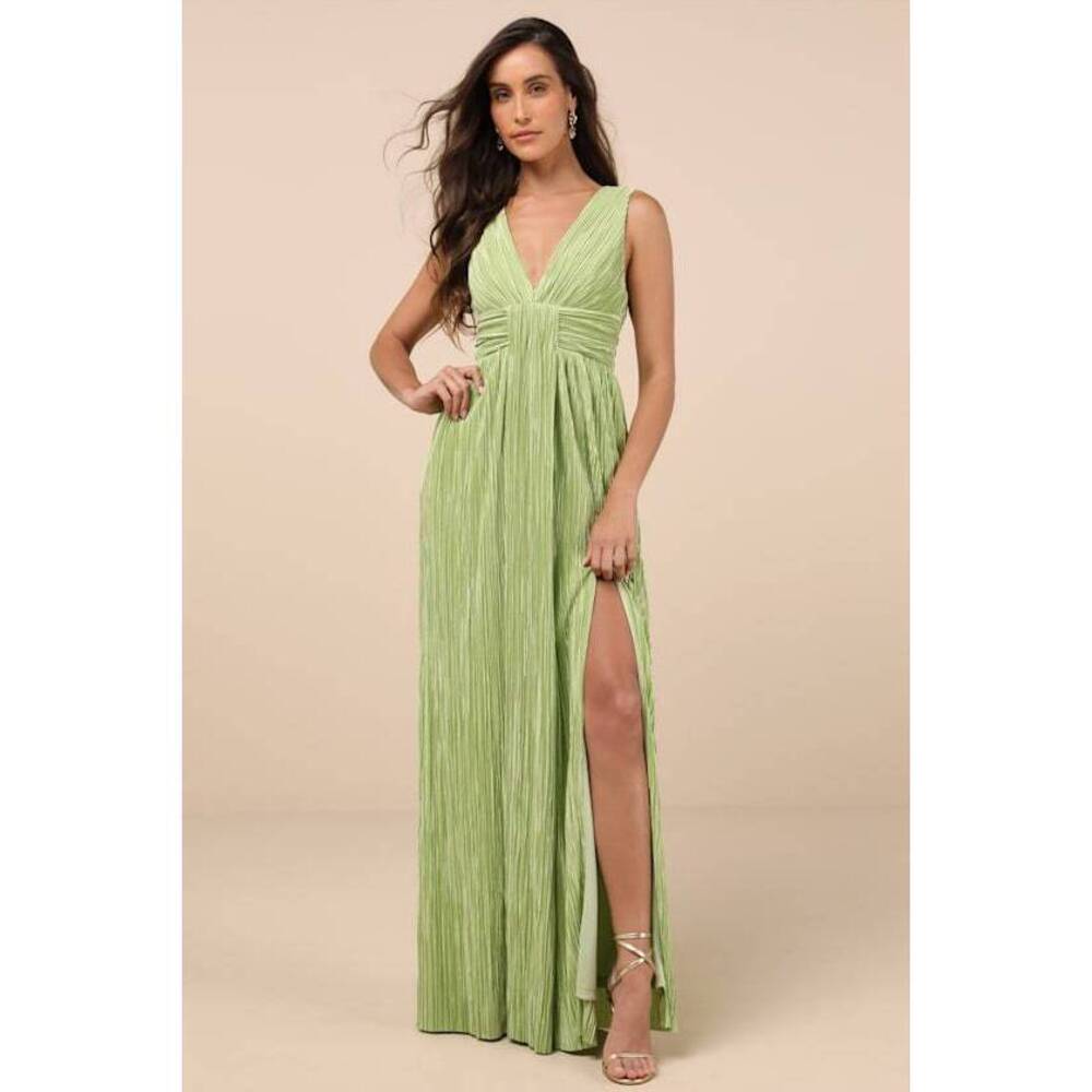 Lulus Melitta Lime Green Plisse Sash Maxi Dress - Size L